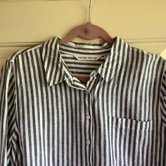Rachel Hollis Woven Linen Striped Henley Shirt Grey White SZ 14 - Picture 3 of 16